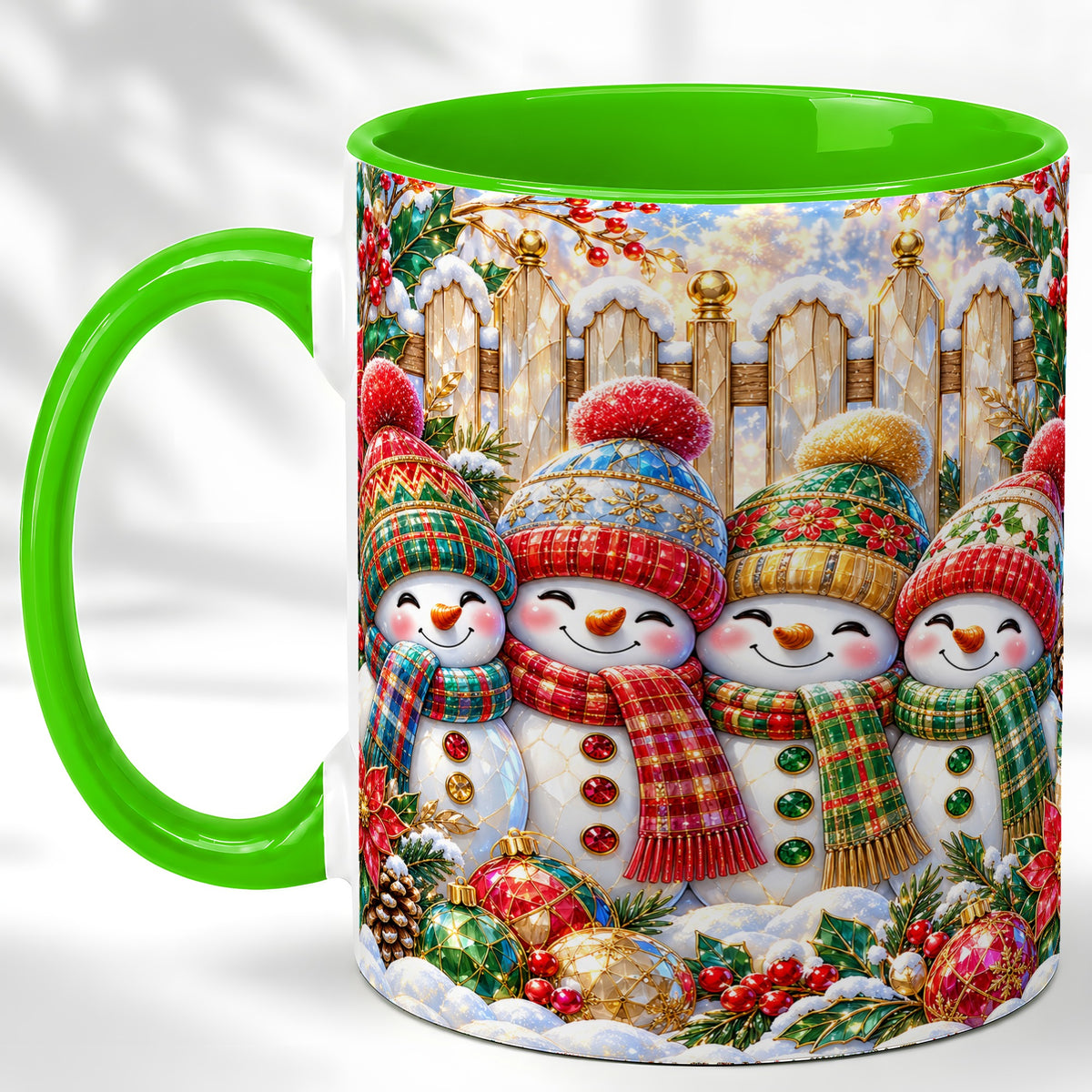 #pl[11oz|Green] Jeweled Snowman Friends Coffee Mug, Christmas Snowman Mug, Ceramic Cup