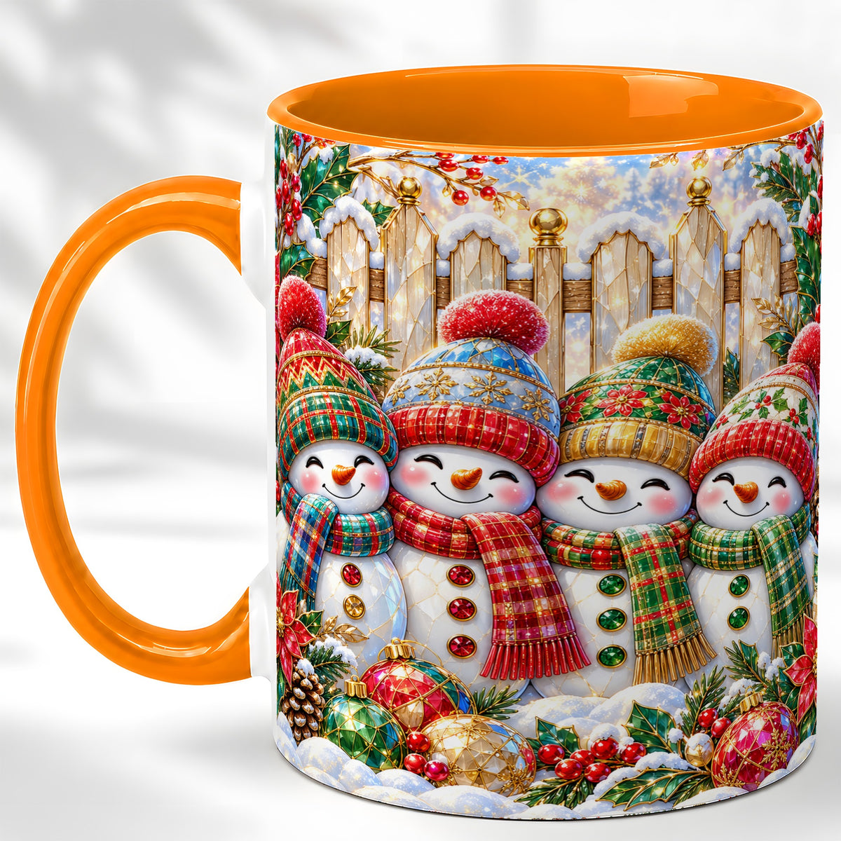 #pl[11oz|Orange] Jeweled Snowman Friends Coffee Mug, Christmas Snowman Mug, Ceramic Cup