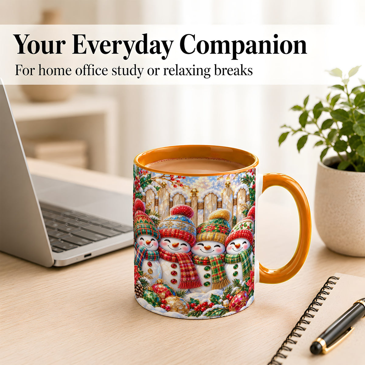 #pl[11oz|Orange] Jeweled Snowman Friends Coffee Mug, Christmas Snowman Mug, Ceramic Cup