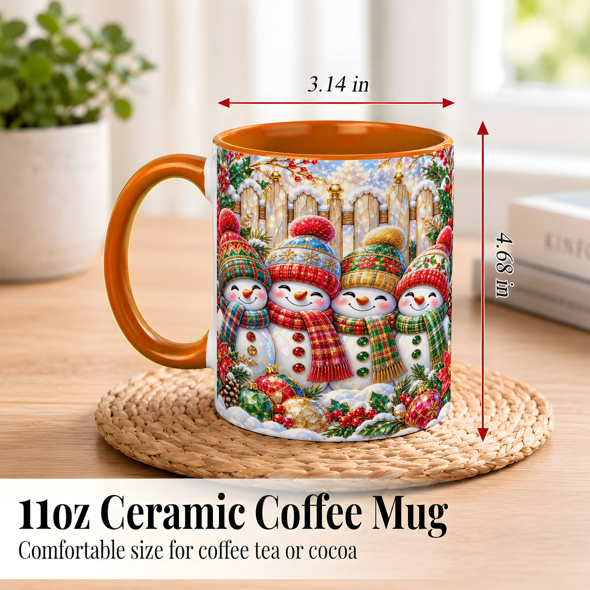 #pl[11oz|Orange] Jeweled Snowman Friends Coffee Mug, Christmas Snowman Mug, Ceramic Cup
