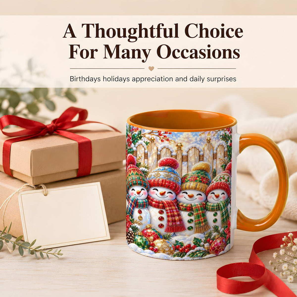 #pl[11oz|Orange] Jeweled Snowman Friends Coffee Mug, Christmas Snowman Mug, Ceramic Cup
