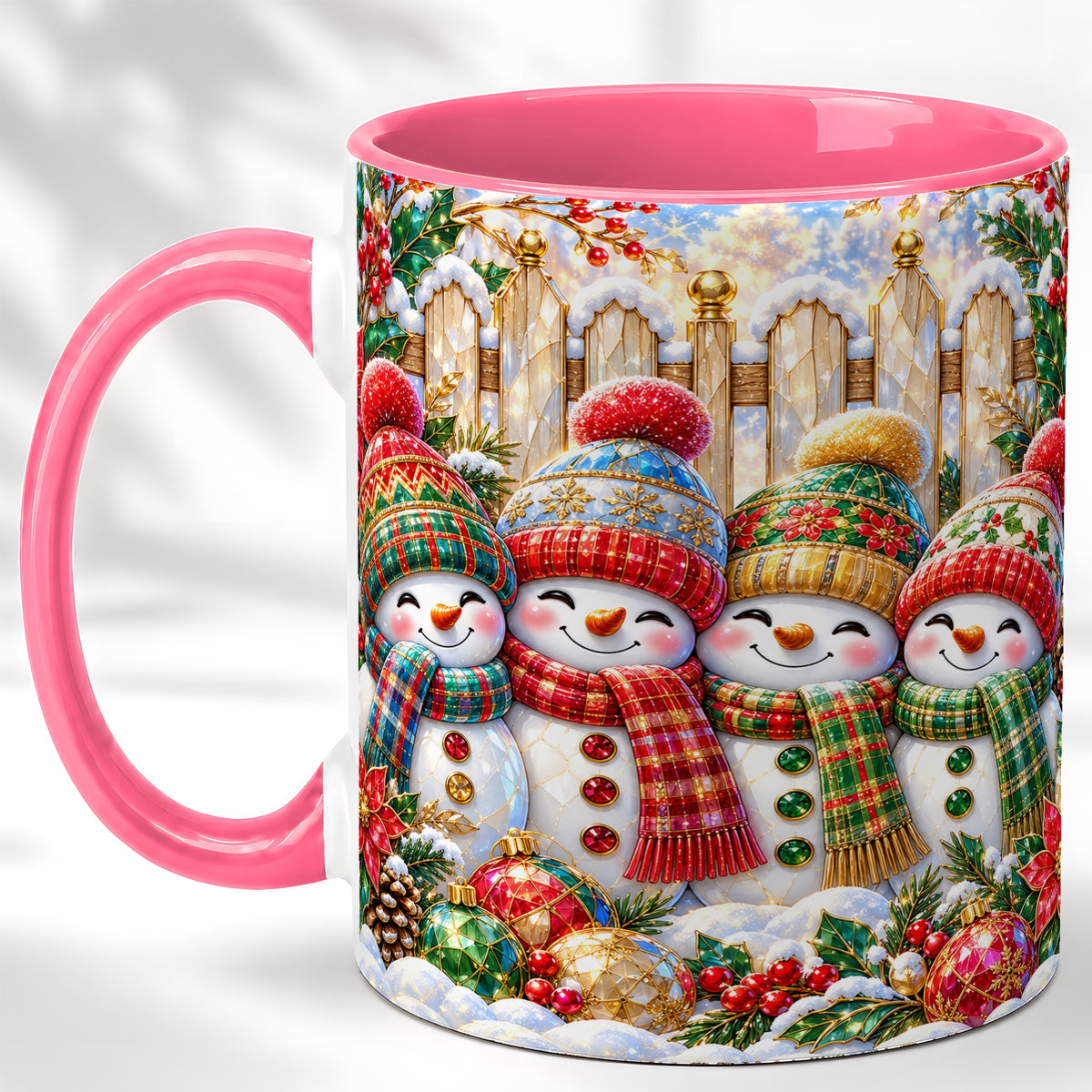 #pl[11oz|Pink] Jeweled Snowman Friends Coffee Mug, Christmas Snowman Mug, Ceramic Cup