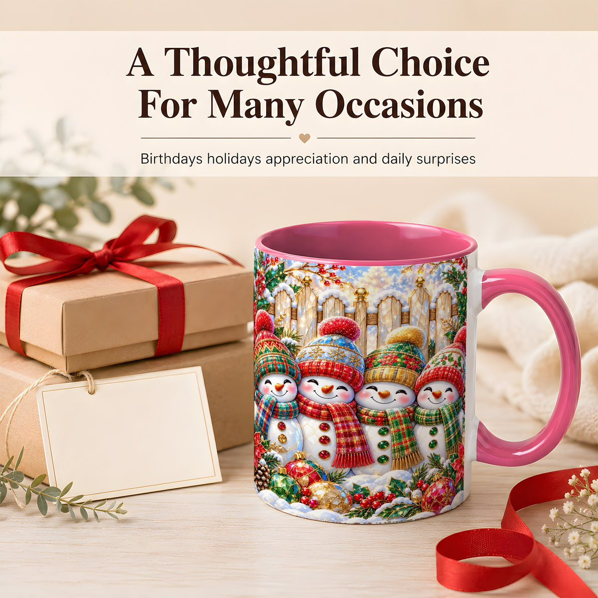 #pl[11oz|Pink] Jeweled Snowman Friends Coffee Mug, Christmas Snowman Mug, Ceramic Cup