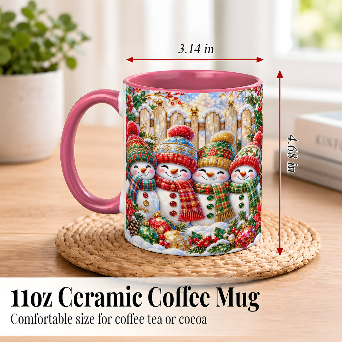 #pl[11oz|Pink] Jeweled Snowman Friends Coffee Mug, Christmas Snowman Mug, Ceramic Cup
