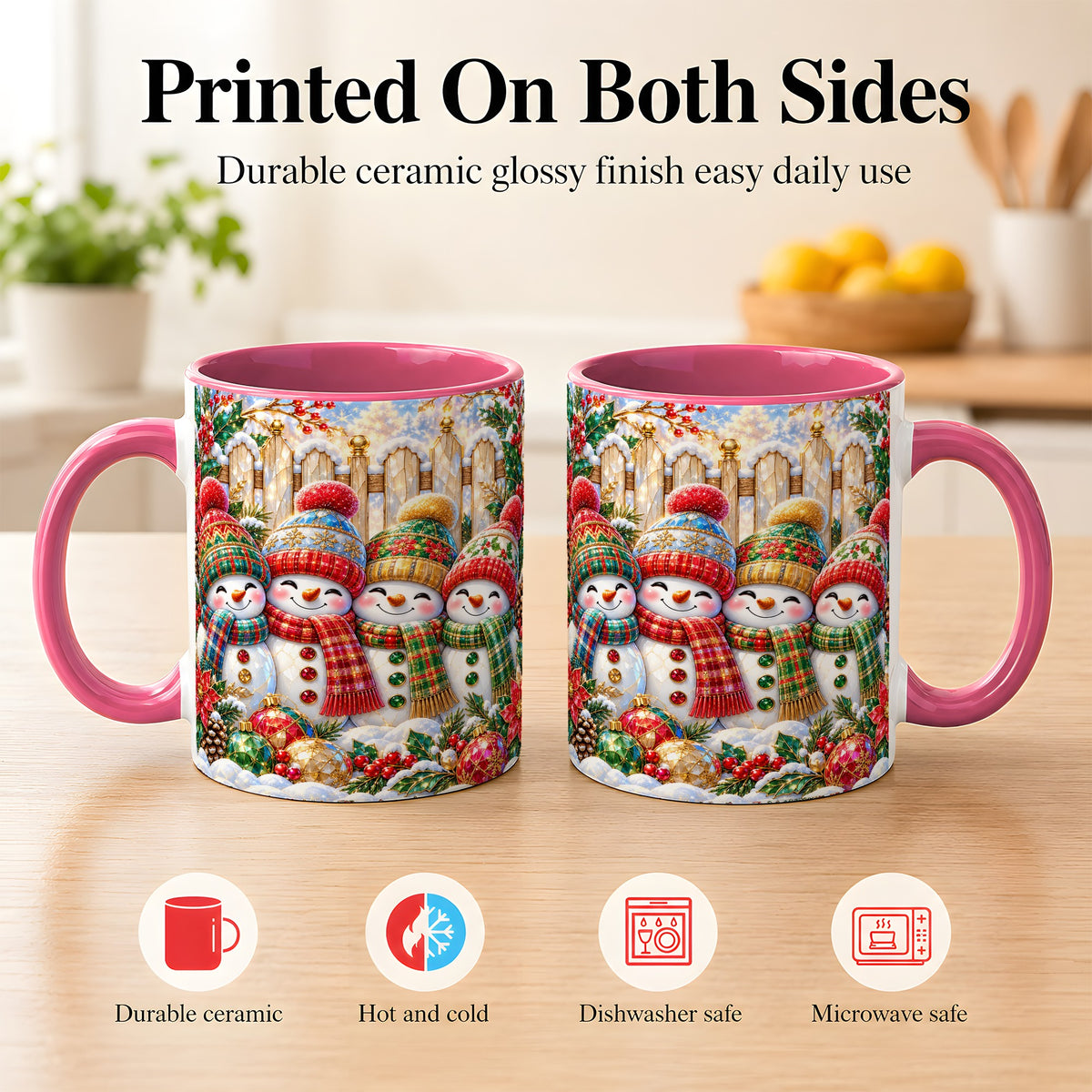 #pl[11oz|Pink] Jeweled Snowman Friends Coffee Mug, Christmas Snowman Mug, Ceramic Cup