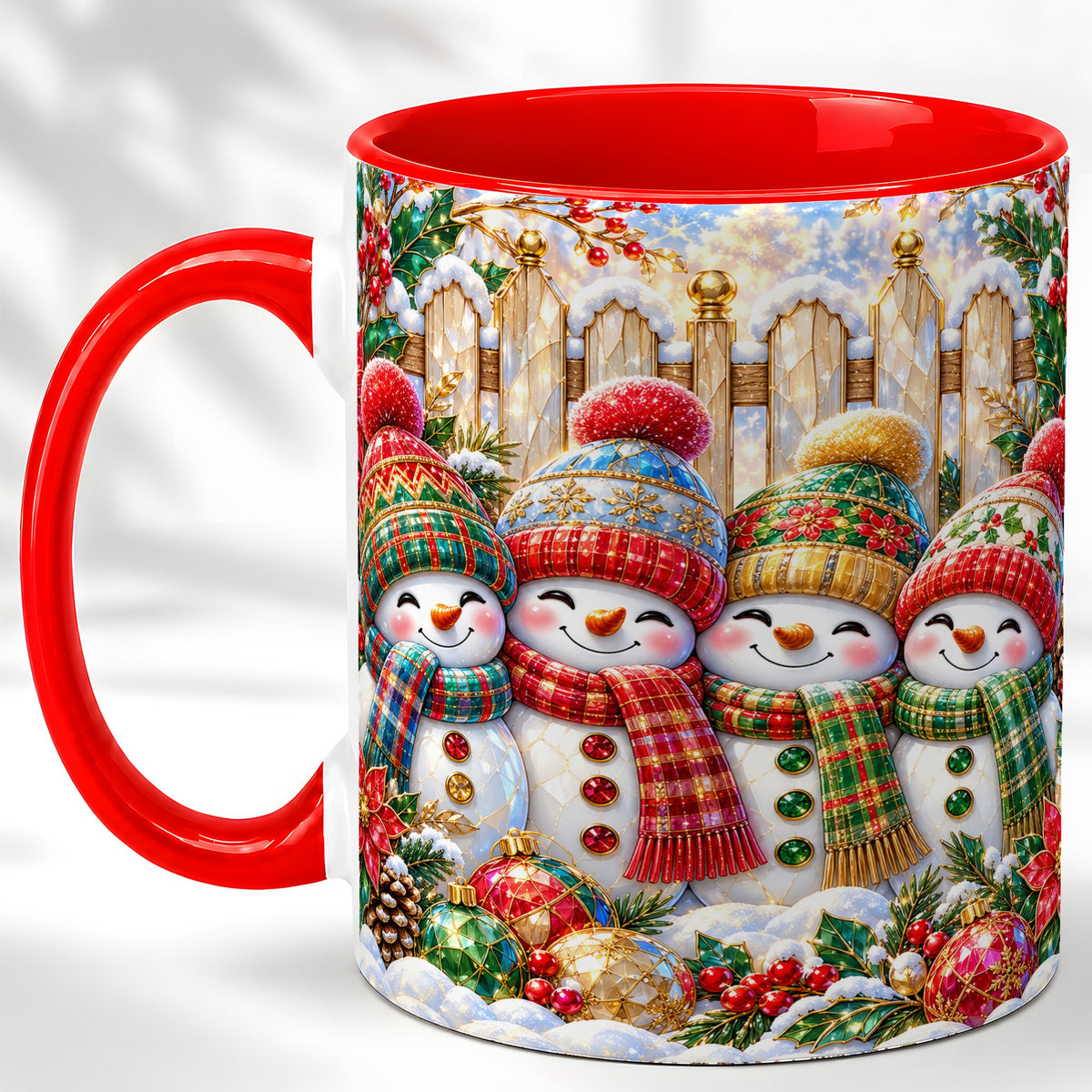 Jeweled Snowman Friends Coffee Mug, Christmas Snowman Mug, Ceramic Cup