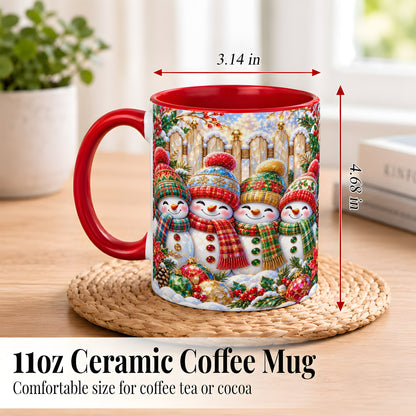 #pl[11oz|Red] Jeweled Snowman Friends Coffee Mug, Christmas Snowman Mug, Ceramic Cup