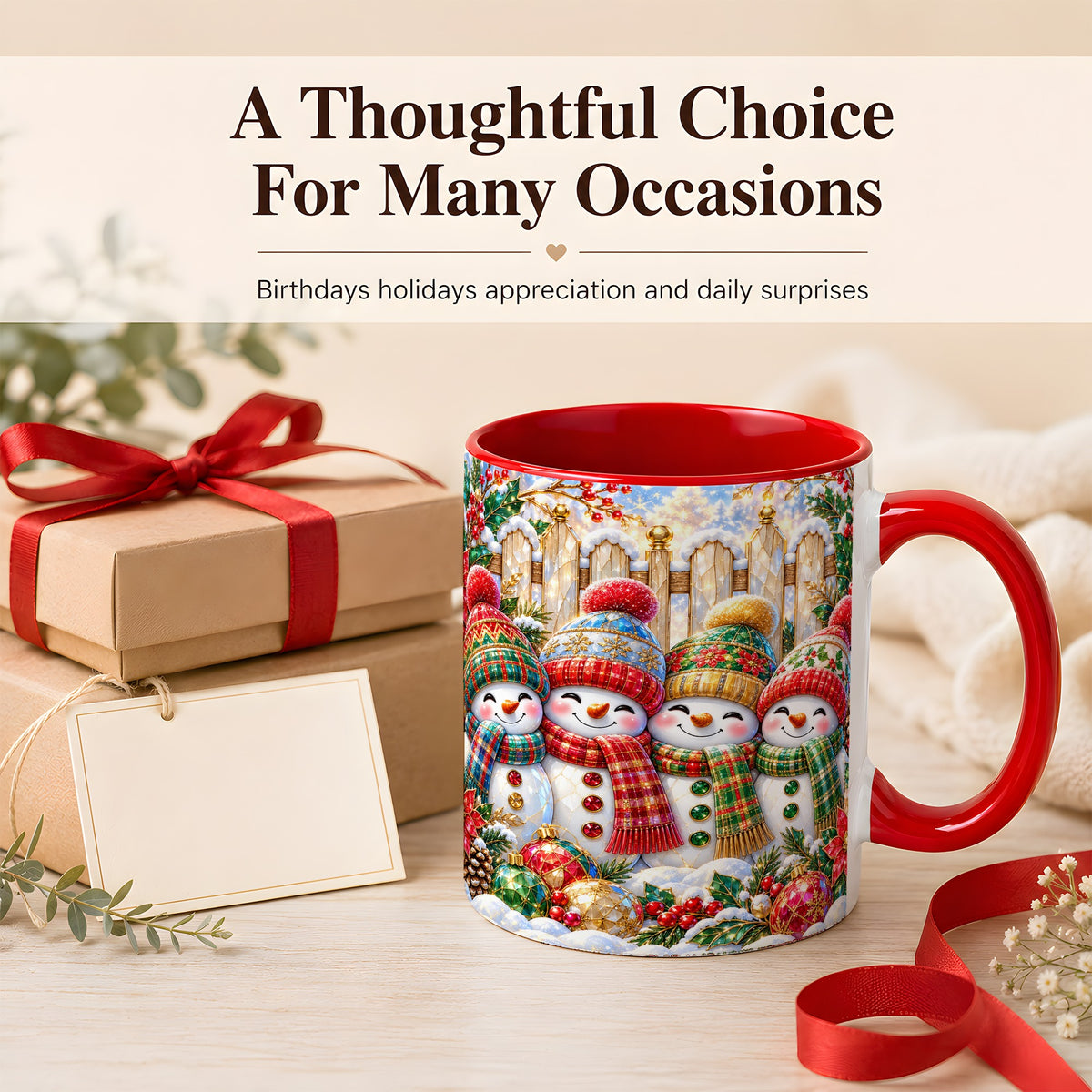 #pl[11oz|Red] Jeweled Snowman Friends Coffee Mug, Christmas Snowman Mug, Ceramic Cup