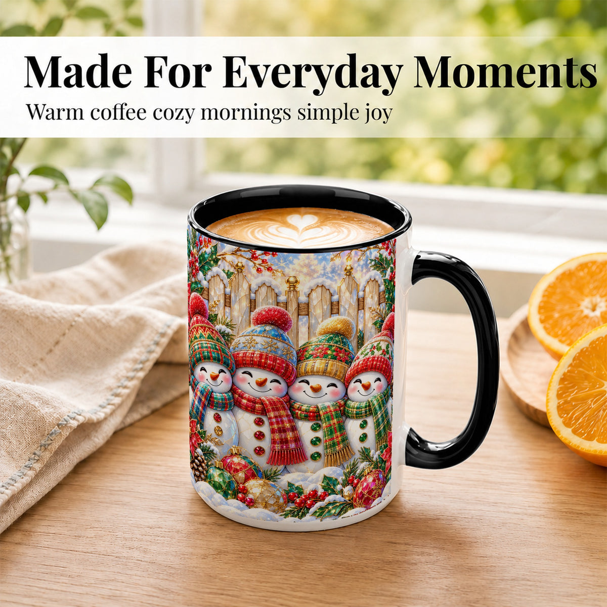 #pl[15oz|Black] Jeweled Snowman Friends Coffee Mug, Christmas Snowman Mug, Ceramic Cup