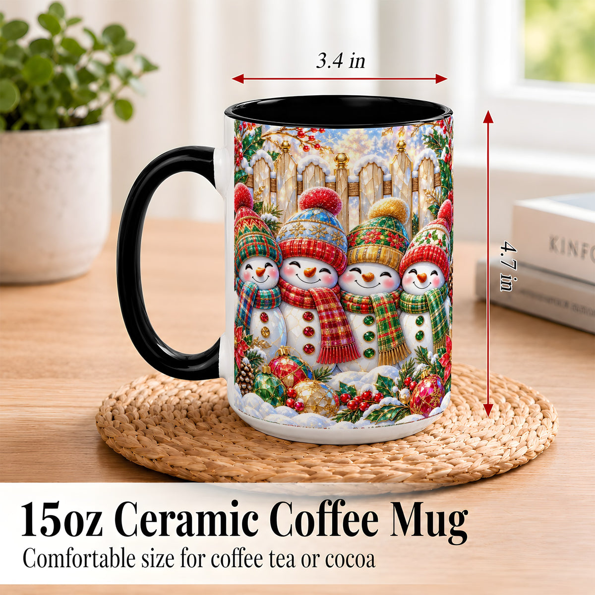 #pl[15oz|Black] Jeweled Snowman Friends Coffee Mug, Christmas Snowman Mug, Ceramic Cup