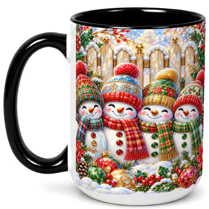 #pl[15oz|Black] Jeweled Snowman Friends Coffee Mug, Christmas Snowman Mug, Ceramic Cup