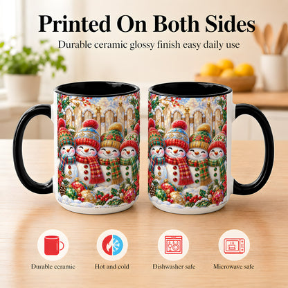 #pl[15oz|Black] Jeweled Snowman Friends Coffee Mug, Christmas Snowman Mug, Ceramic Cup