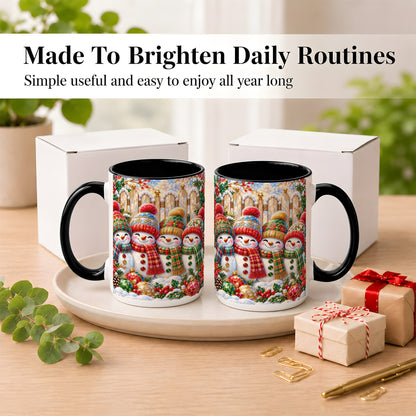 #pl[15oz|Black] Jeweled Snowman Friends Coffee Mug, Christmas Snowman Mug, Ceramic Cup