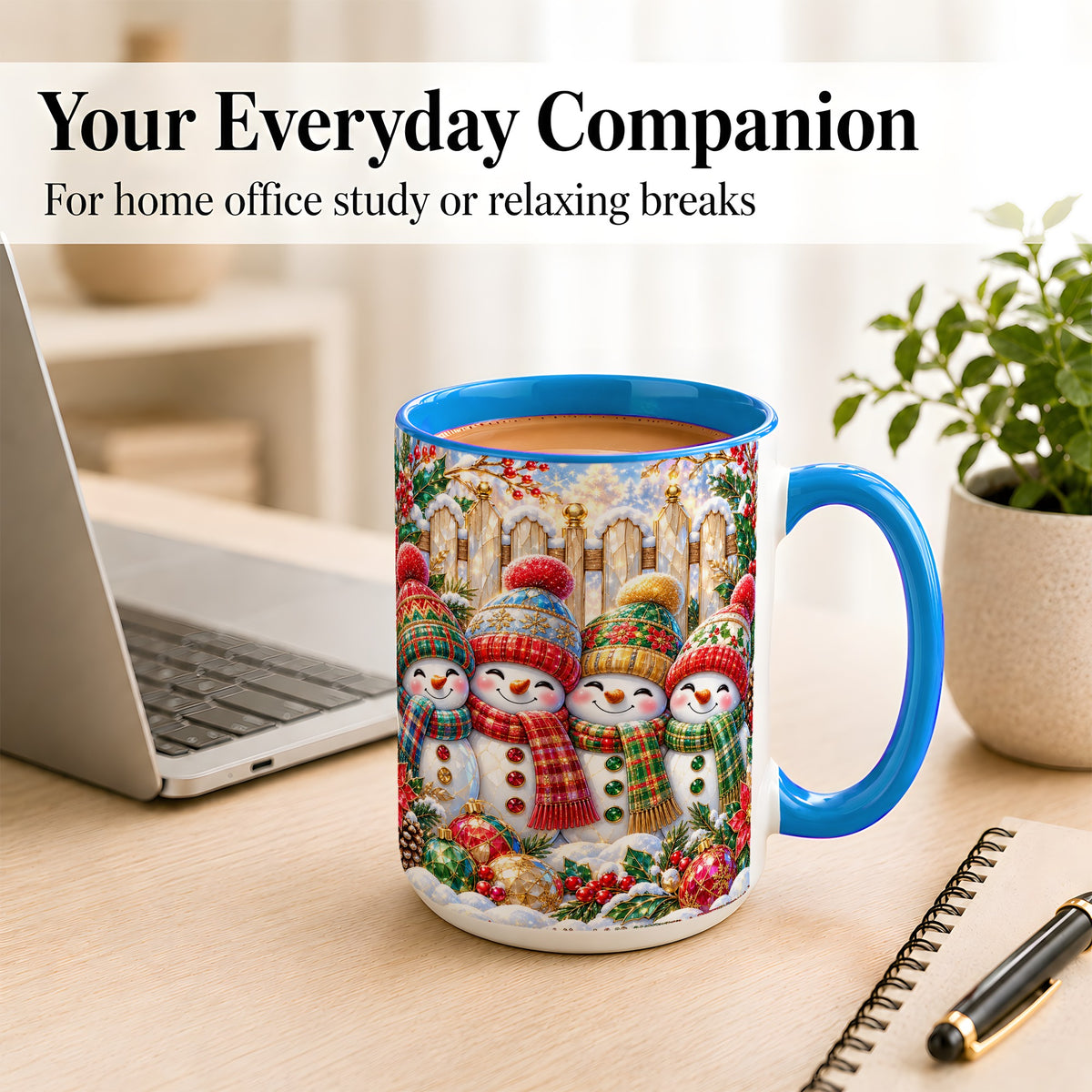 #pl[15oz|Blue] Jeweled Snowman Friends Coffee Mug, Christmas Snowman Mug, Ceramic Cup