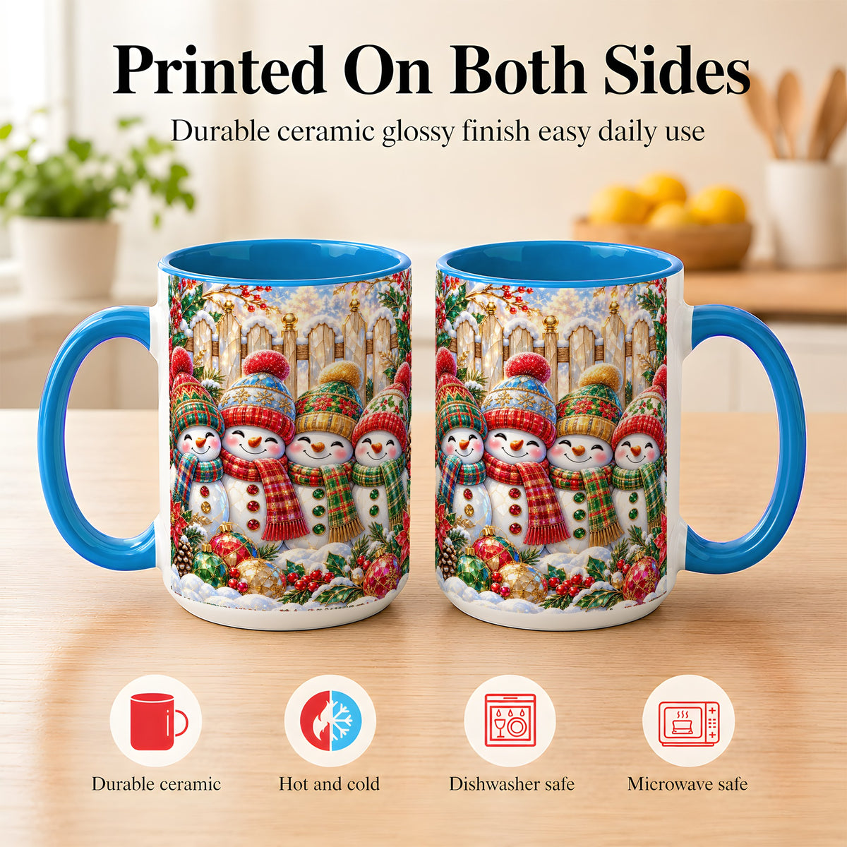 #pl[15oz|Blue] Jeweled Snowman Friends Coffee Mug, Christmas Snowman Mug, Ceramic Cup