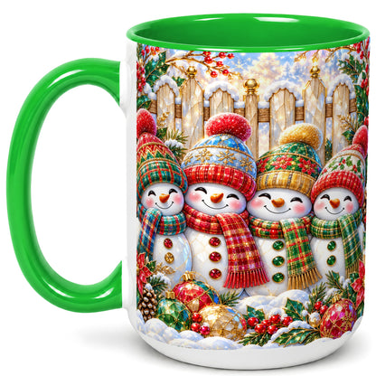 #pl[15oz|Green] Jeweled Snowman Friends Coffee Mug, Christmas Snowman Mug, Ceramic Cup