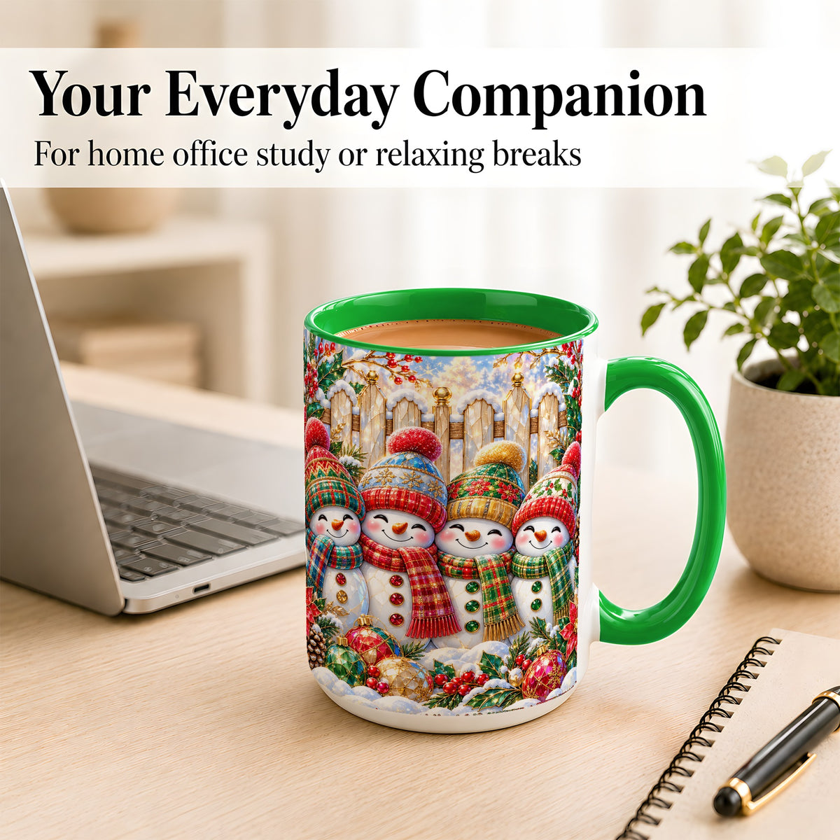 #pl[15oz|Green] Jeweled Snowman Friends Coffee Mug, Christmas Snowman Mug, Ceramic Cup