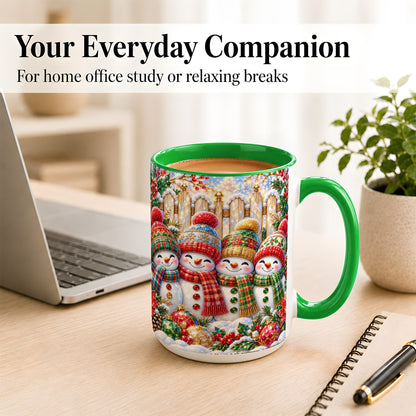#pl[15oz|Green] Jeweled Snowman Friends Coffee Mug, Christmas Snowman Mug, Ceramic Cup