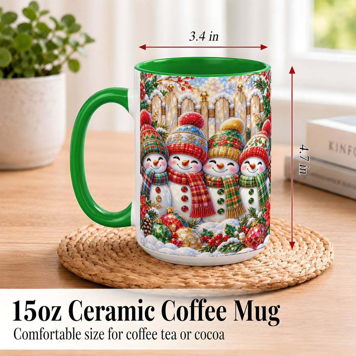 #pl[15oz|Green] Jeweled Snowman Friends Coffee Mug, Christmas Snowman Mug, Ceramic Cup