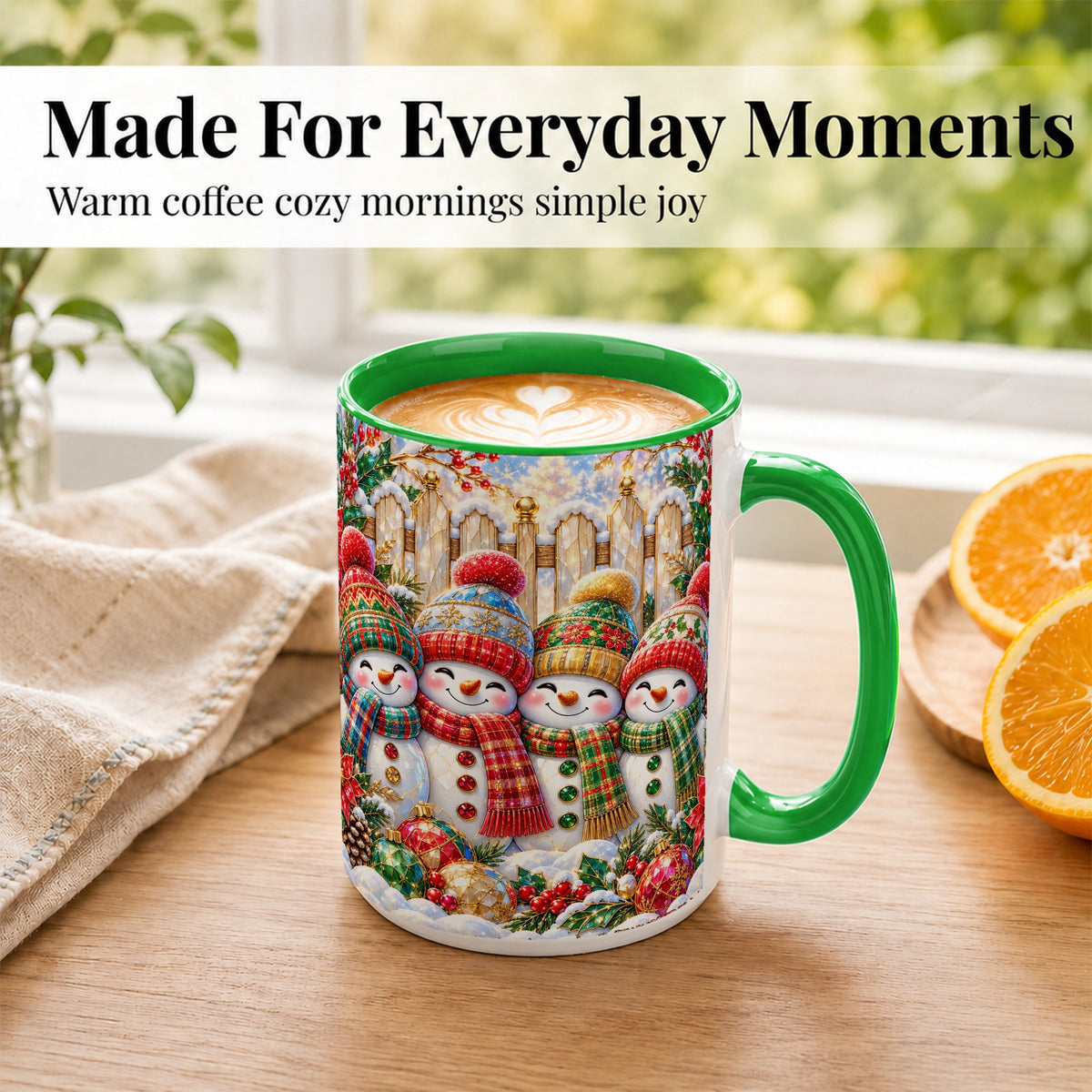 #pl[15oz|Green] Jeweled Snowman Friends Coffee Mug, Christmas Snowman Mug, Ceramic Cup