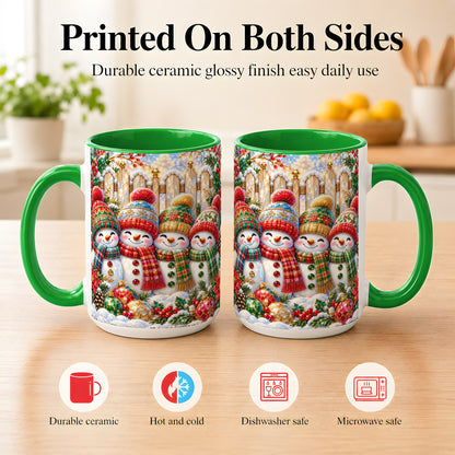 #pl[15oz|Green] Jeweled Snowman Friends Coffee Mug, Christmas Snowman Mug, Ceramic Cup