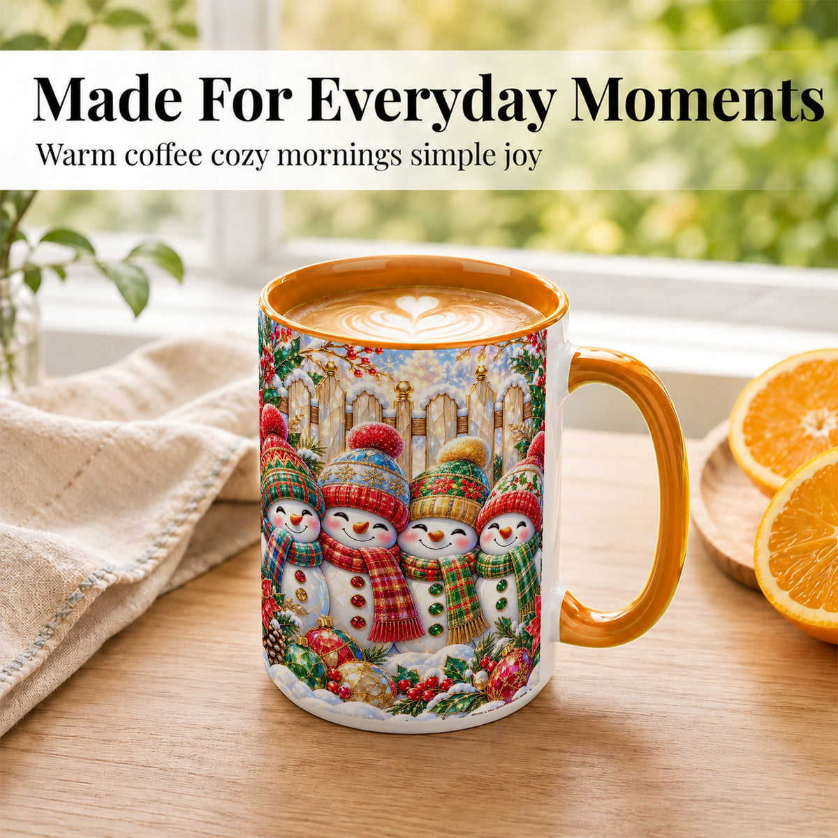 #pl[15oz|Orange] Jeweled Snowman Friends Coffee Mug, Christmas Snowman Mug, Ceramic Cup