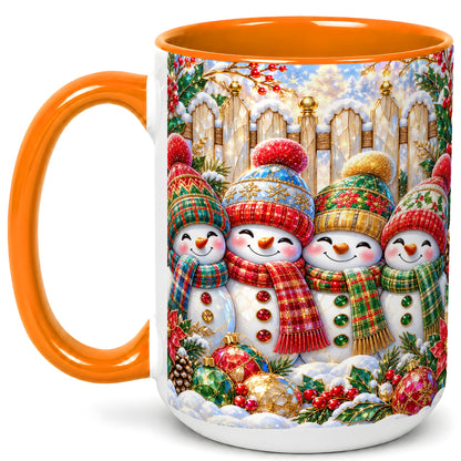 #pl[15oz|Orange] Jeweled Snowman Friends Coffee Mug, Christmas Snowman Mug, Ceramic Cup