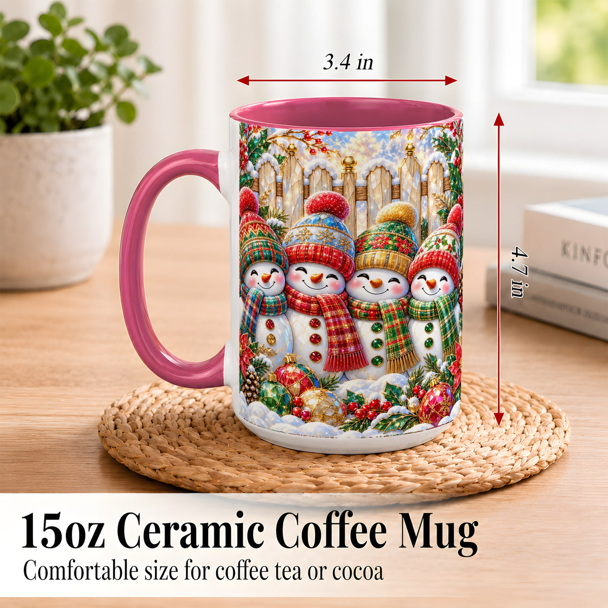 #pl[15oz|Pink] Jeweled Snowman Friends Coffee Mug, Christmas Snowman Mug, Ceramic Cup