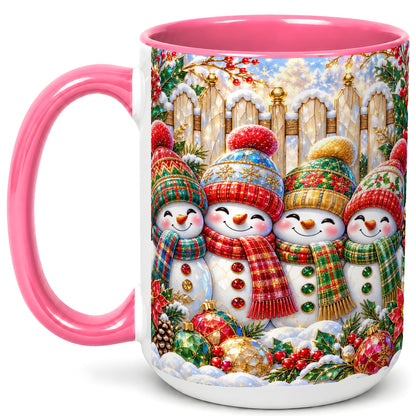 #pl[15oz|Pink] Jeweled Snowman Friends Coffee Mug, Christmas Snowman Mug, Ceramic Cup