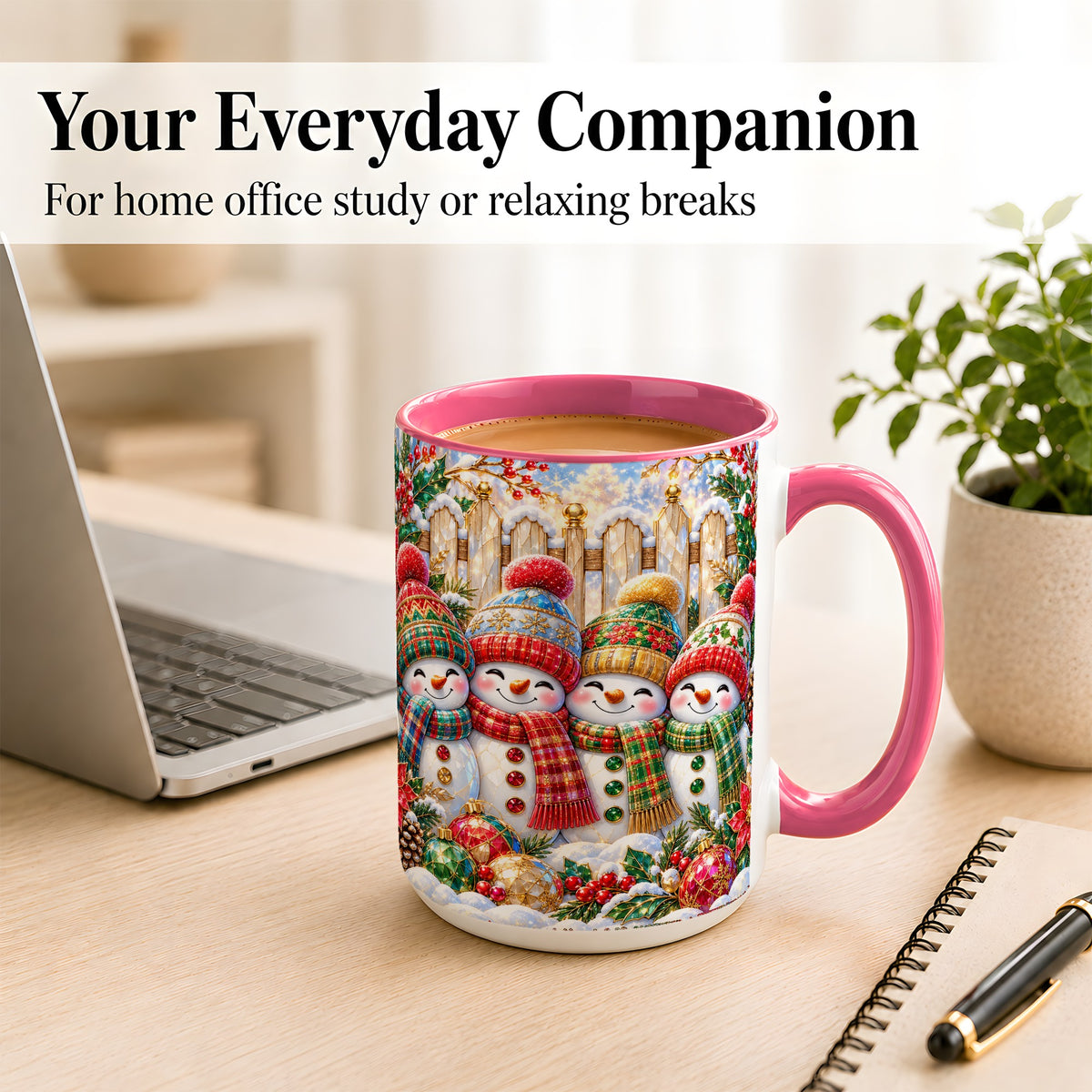 #pl[15oz|Pink] Jeweled Snowman Friends Coffee Mug, Christmas Snowman Mug, Ceramic Cup