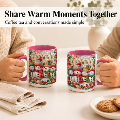 #pl[15oz|Pink] Jeweled Snowman Friends Coffee Mug, Christmas Snowman Mug, Ceramic Cup