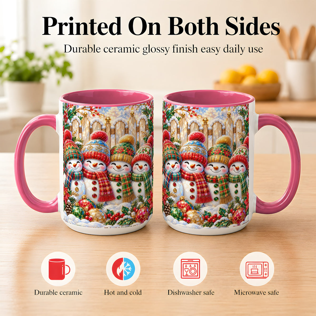 #pl[15oz|Pink] Jeweled Snowman Friends Coffee Mug, Christmas Snowman Mug, Ceramic Cup