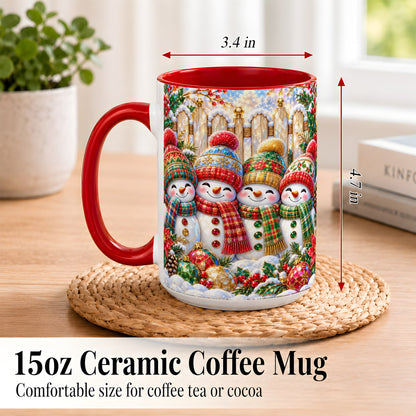 #pl[15oz|Red] Jeweled Snowman Friends Coffee Mug, Christmas Snowman Mug, Ceramic Cup