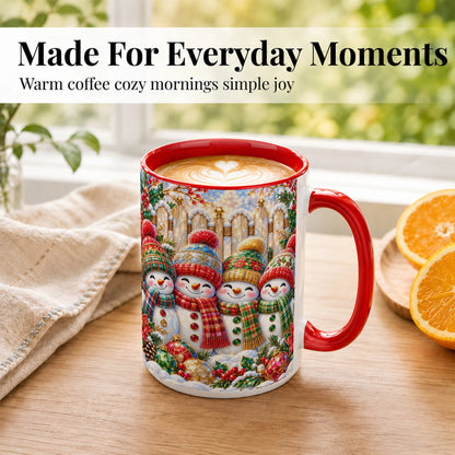 #pl[15oz|Red] Jeweled Snowman Friends Coffee Mug, Christmas Snowman Mug, Ceramic Cup