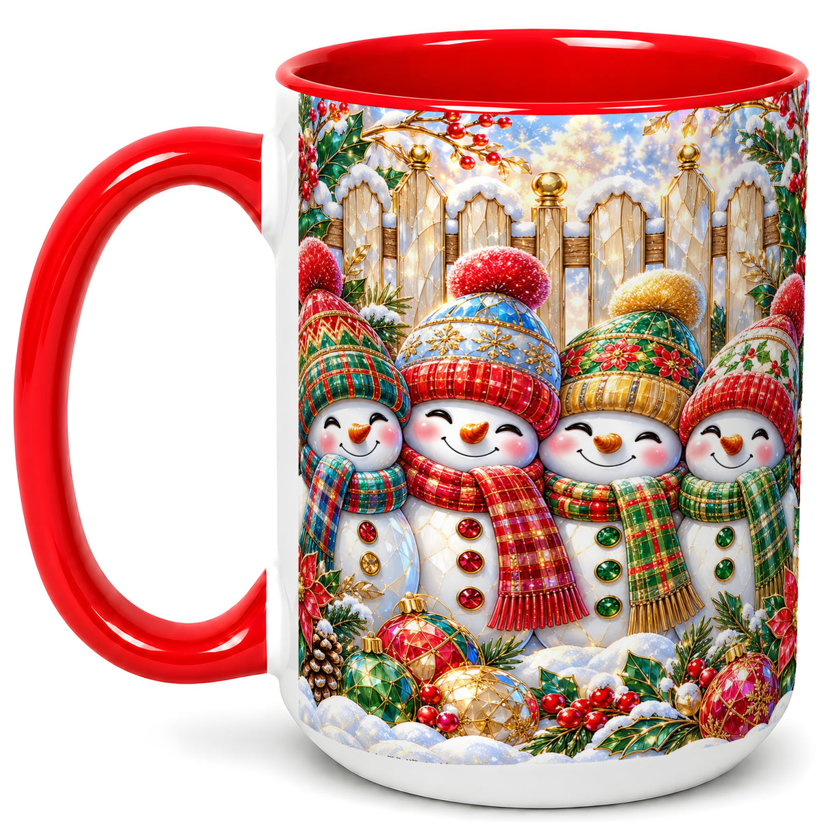#pl[15oz|Red] Jeweled Snowman Friends Coffee Mug, Christmas Snowman Mug, Ceramic Cup