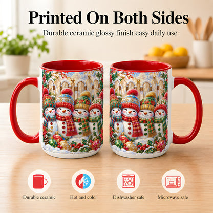 #pl[15oz|Red] Jeweled Snowman Friends Coffee Mug, Christmas Snowman Mug, Ceramic Cup