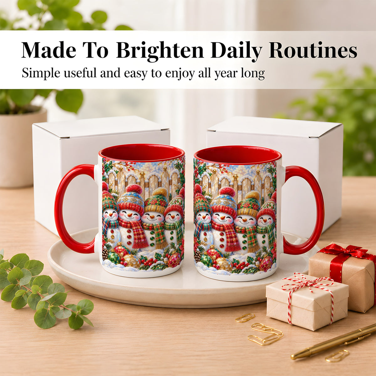 #pl[15oz|Red] Jeweled Snowman Friends Coffee Mug, Christmas Snowman Mug, Ceramic Cup