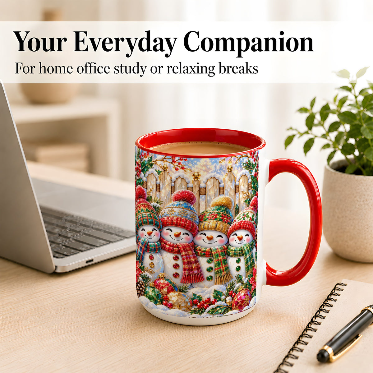 #pl[15oz|Red] Jeweled Snowman Friends Coffee Mug, Christmas Snowman Mug, Ceramic Cup