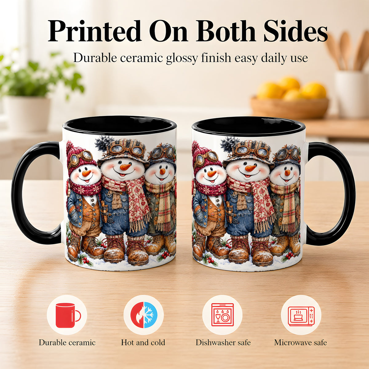 #pl[11oz|Black] Steampunk Snowman Coffee Mug, Winter Friends Mug, Ceramic Cup