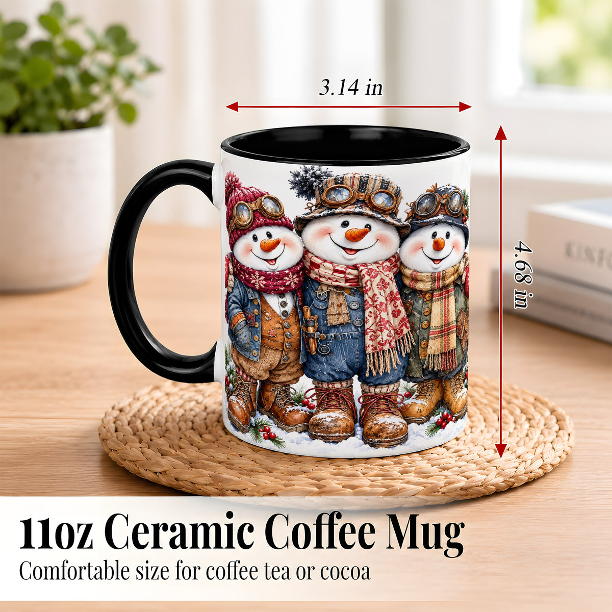 #pl[11oz|Black] Steampunk Snowman Coffee Mug, Winter Friends Mug, Ceramic Cup