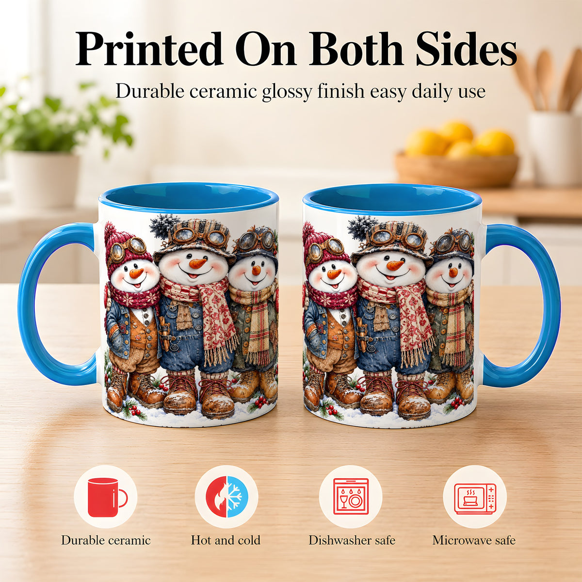 #pl[11oz|Blue] Steampunk Snowman Coffee Mug, Winter Friends Mug, Ceramic Cup