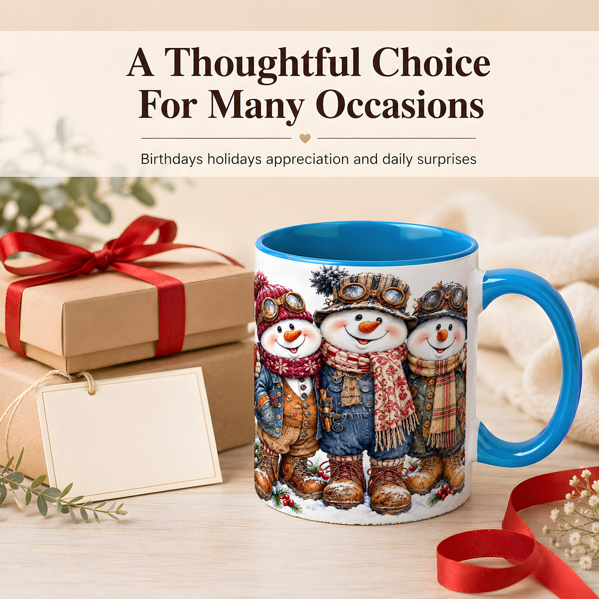 #pl[11oz|Blue] Steampunk Snowman Coffee Mug, Winter Friends Mug, Ceramic Cup