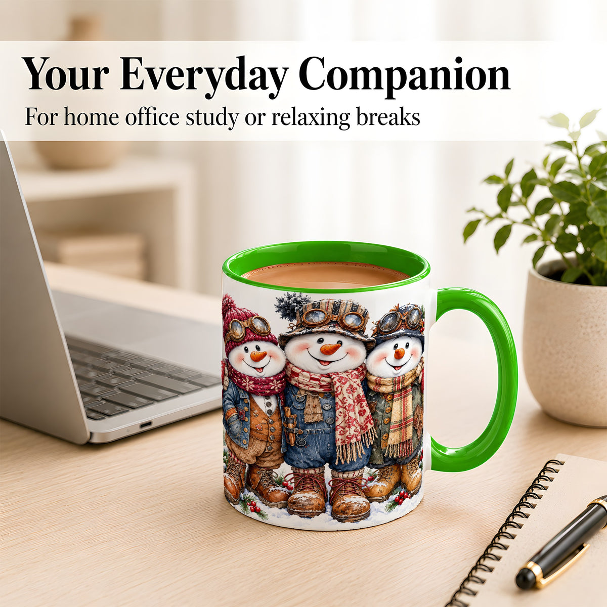#pl[11oz|Green] Steampunk Snowman Coffee Mug, Winter Friends Mug, Ceramic Cup