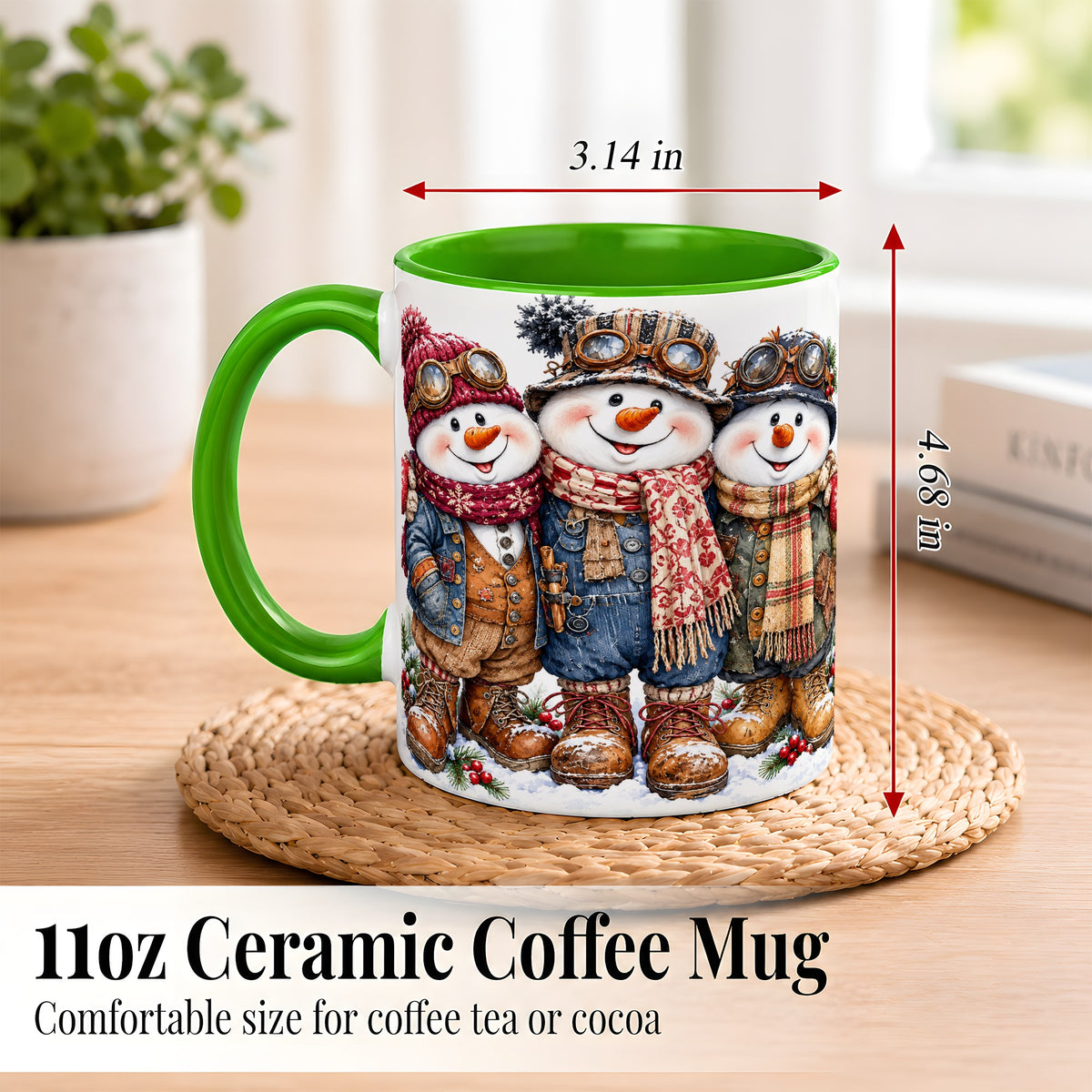 #pl[11oz|Green] Steampunk Snowman Coffee Mug, Winter Friends Mug, Ceramic Cup