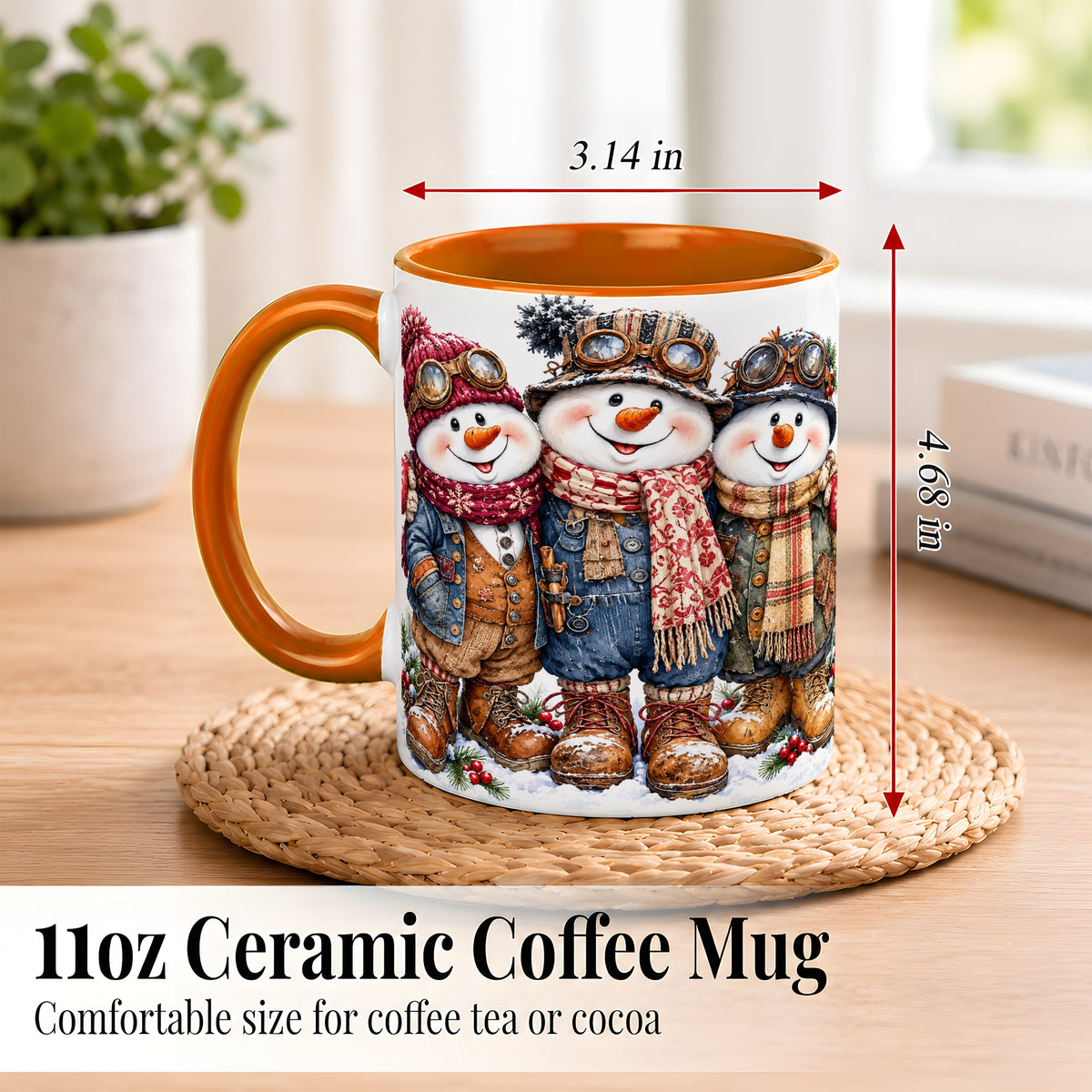 #pl[11oz|Orange] Steampunk Snowman Coffee Mug, Winter Friends Mug, Ceramic Cup