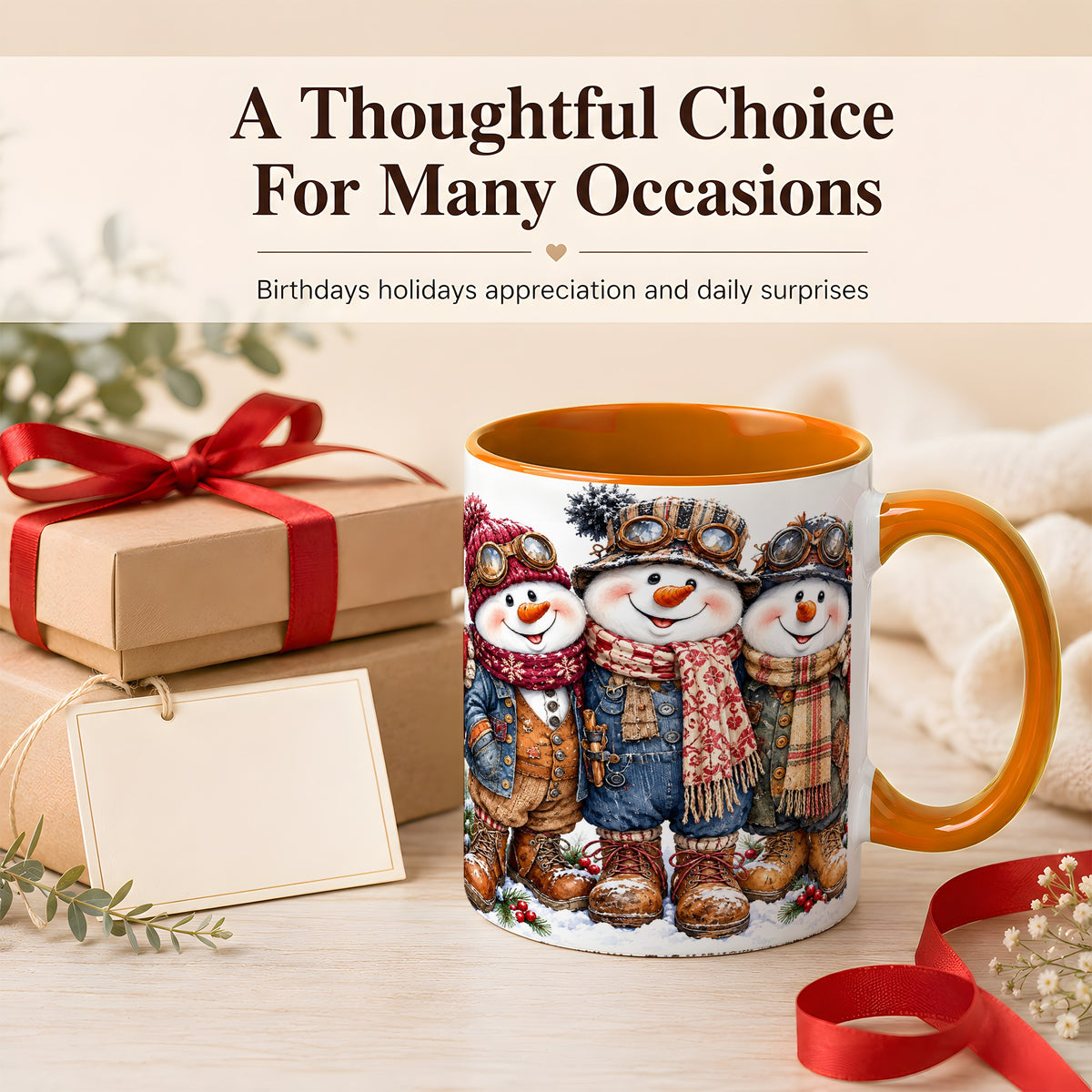 #pl[11oz|Orange] Steampunk Snowman Coffee Mug, Winter Friends Mug, Ceramic Cup
