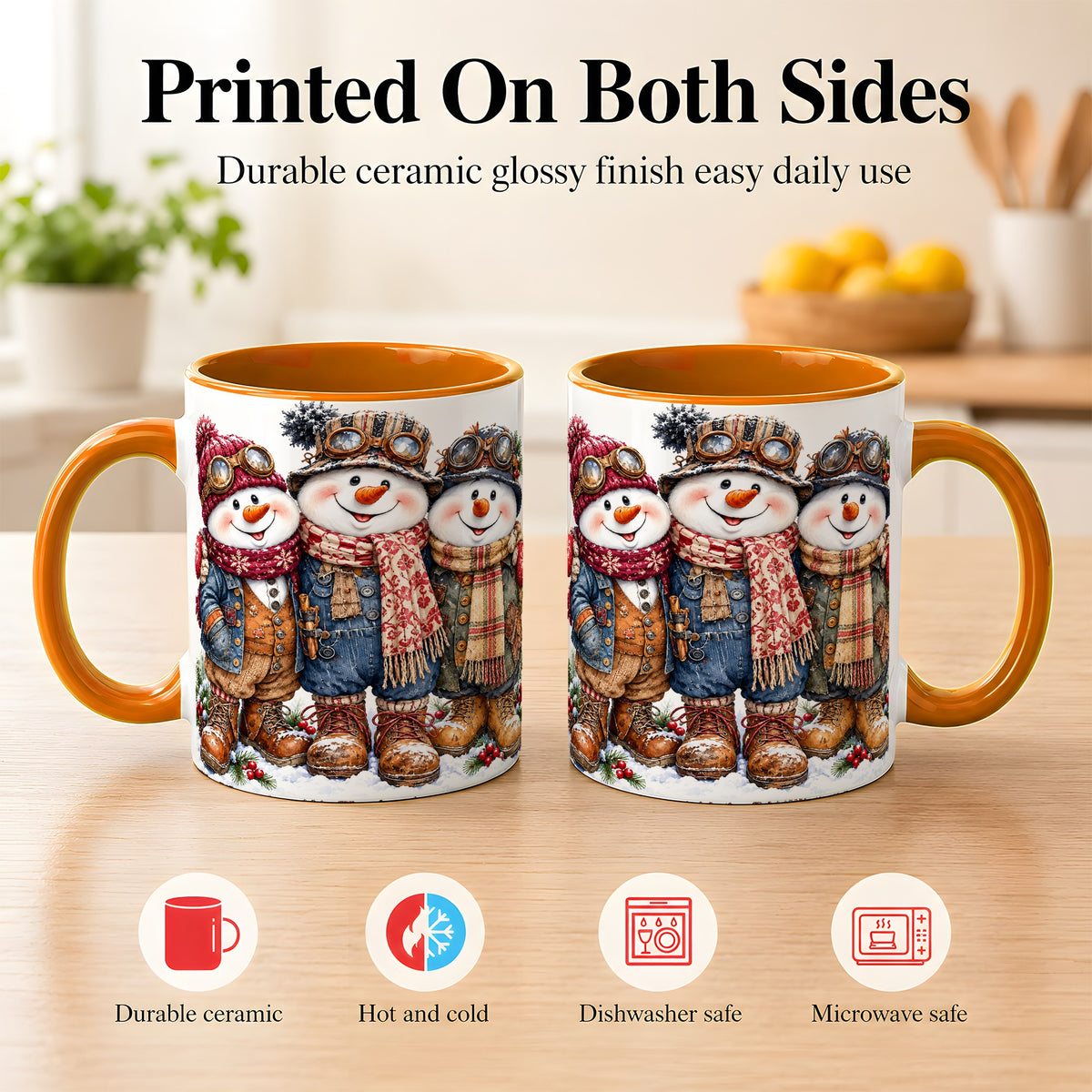 #pl[11oz|Orange] Steampunk Snowman Coffee Mug, Winter Friends Mug, Ceramic Cup