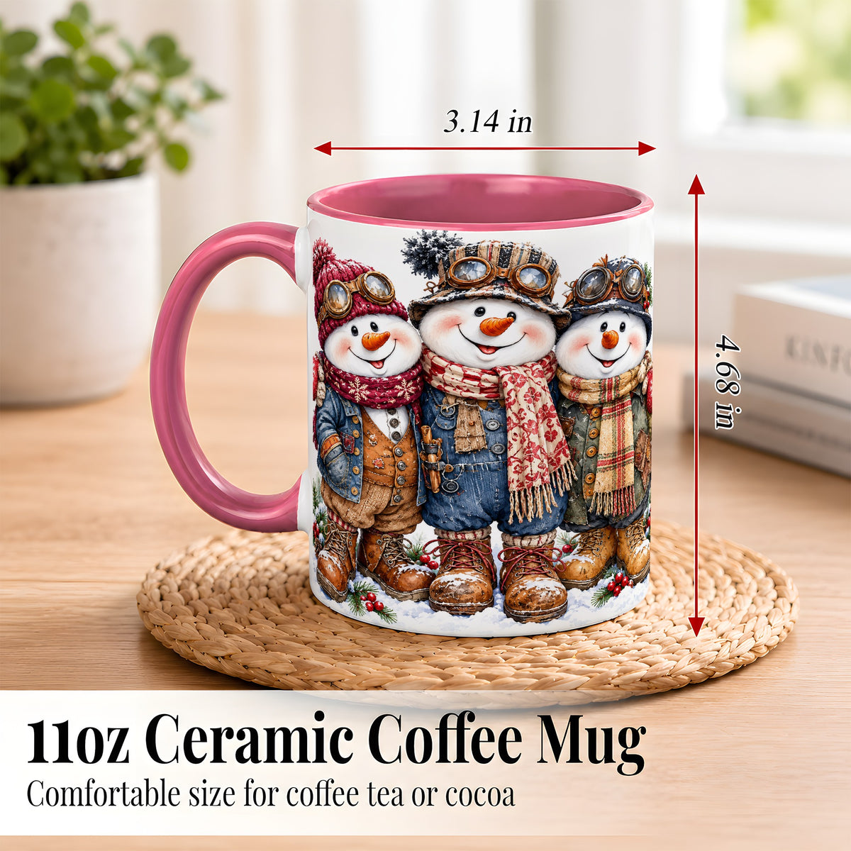 #pl[11oz|Pink] Steampunk Snowman Coffee Mug, Winter Friends Mug, Ceramic Cup
