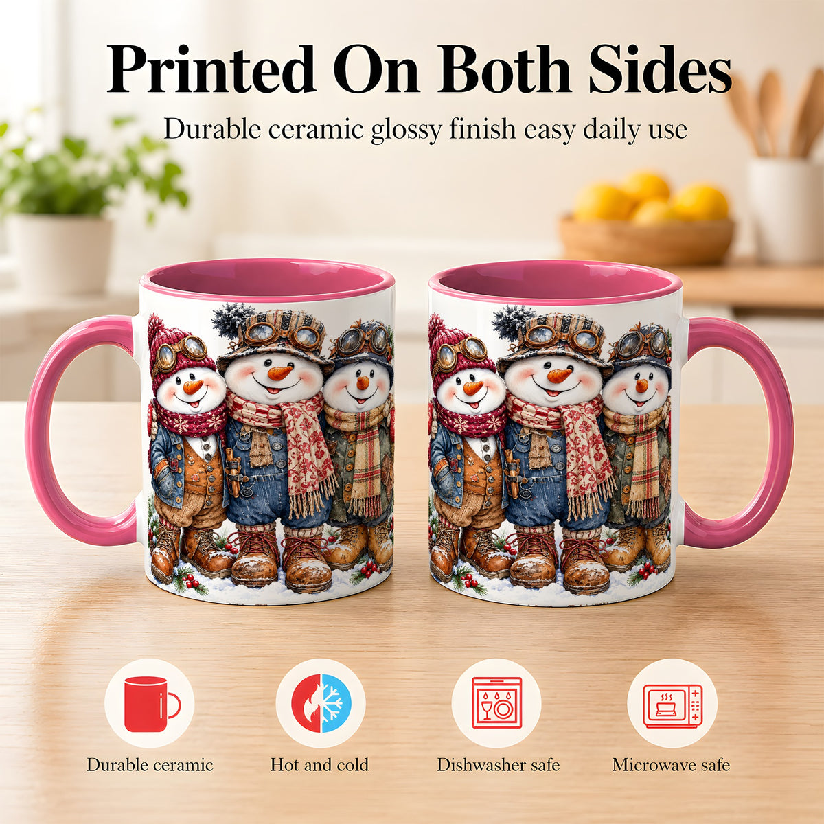 #pl[11oz|Pink] Steampunk Snowman Coffee Mug, Winter Friends Mug, Ceramic Cup