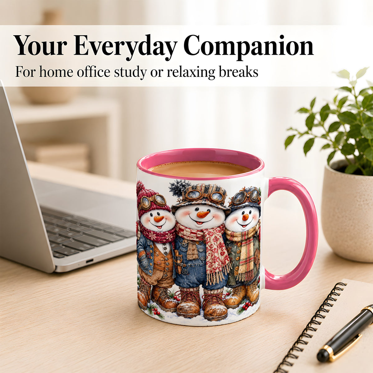 #pl[11oz|Pink] Steampunk Snowman Coffee Mug, Winter Friends Mug, Ceramic Cup